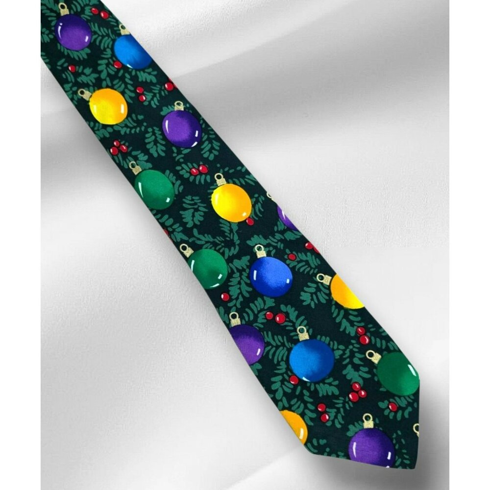 1993 Silk Christmas Ornament Tie Lillian Vernon Bold Colors Berries Pine Korea